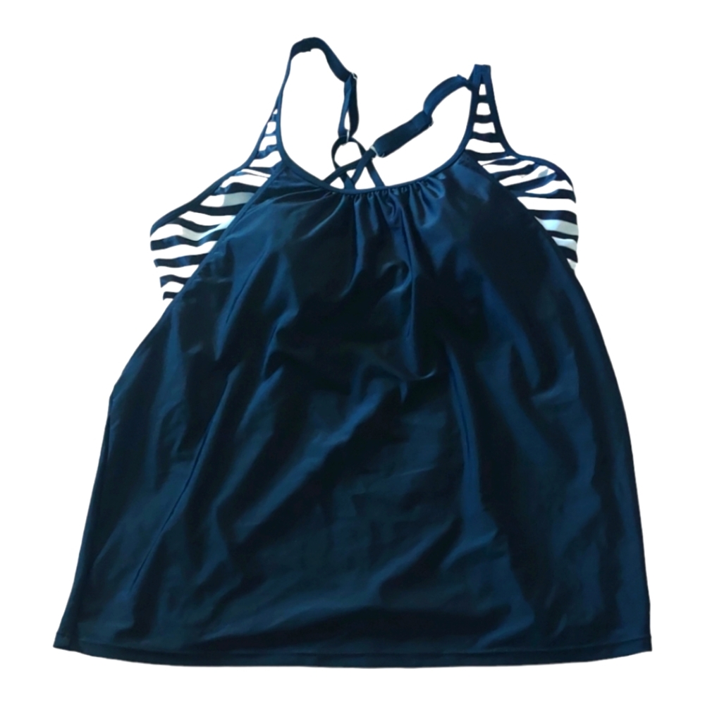 Yonique Layered  Swim Top Attached Bra Navy Stripe US XXL